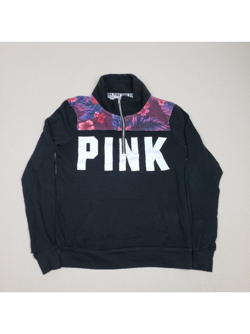 PINK Victoria's Secret Black w/Floral Accent Pullover 1/4 Zip Sweatshirt XS